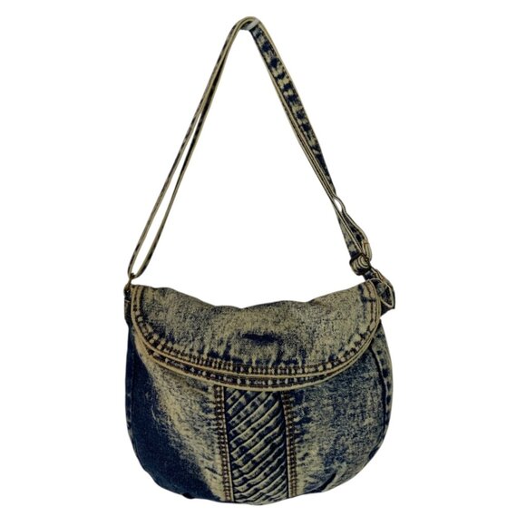 Vintage 80s Shane Acid Wash Denim Crossbody Bag Quilted Detail Adjustable Strap - Picture 1 of 6